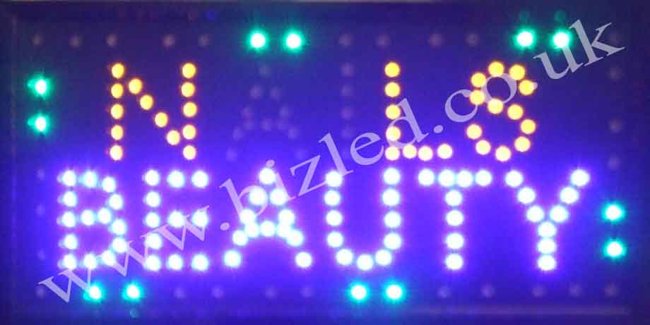 2 mode Flashing NAILS BEAUTY led new window Shop signs Simple, and, in the words of the sign, beauty-full! Use this blue and yellow flashing sign for any nail and beauty orientated business