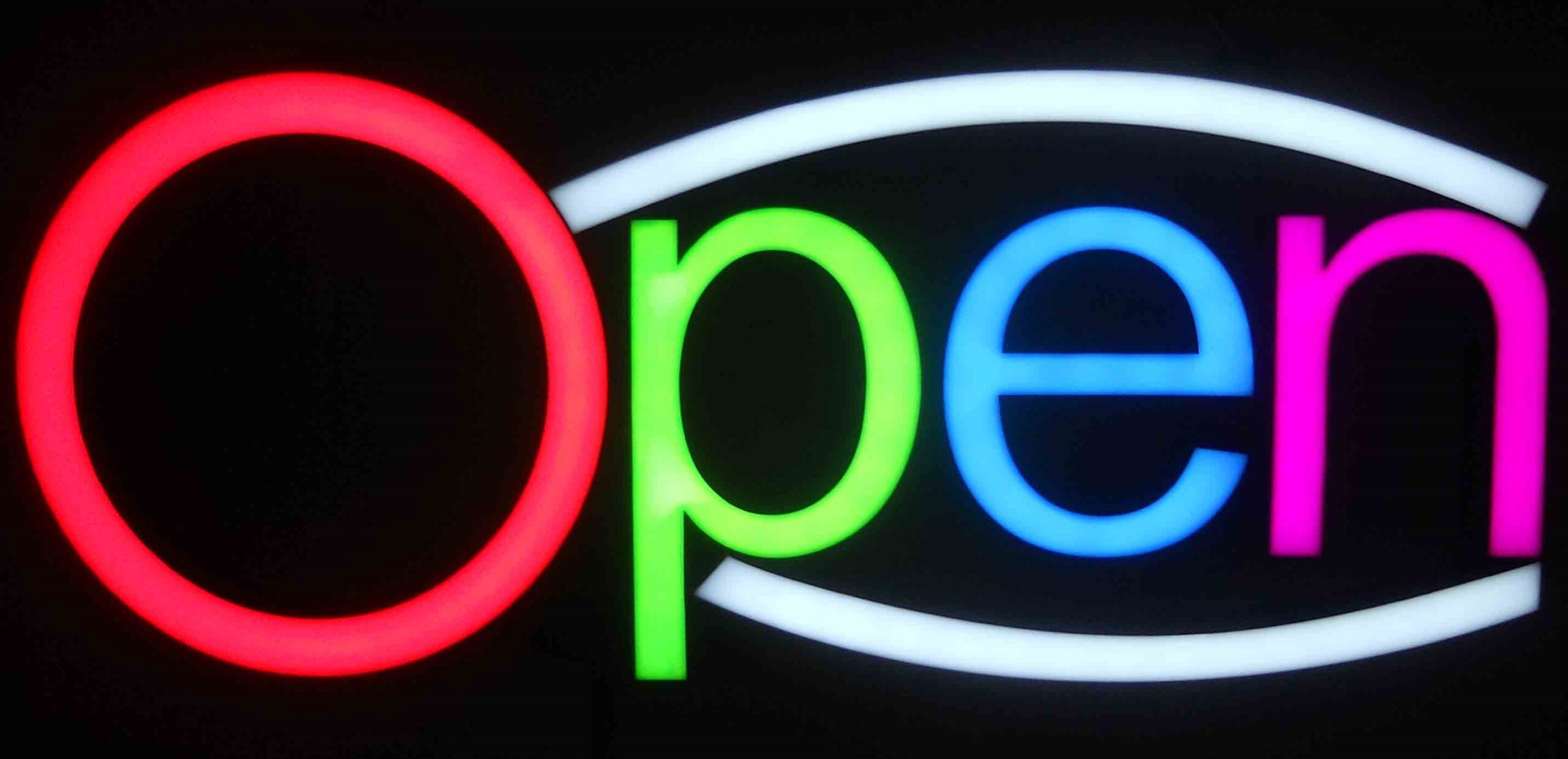 OPEN NEON LED Sign - colour red, green, blue, pink - white colour curves - neon1