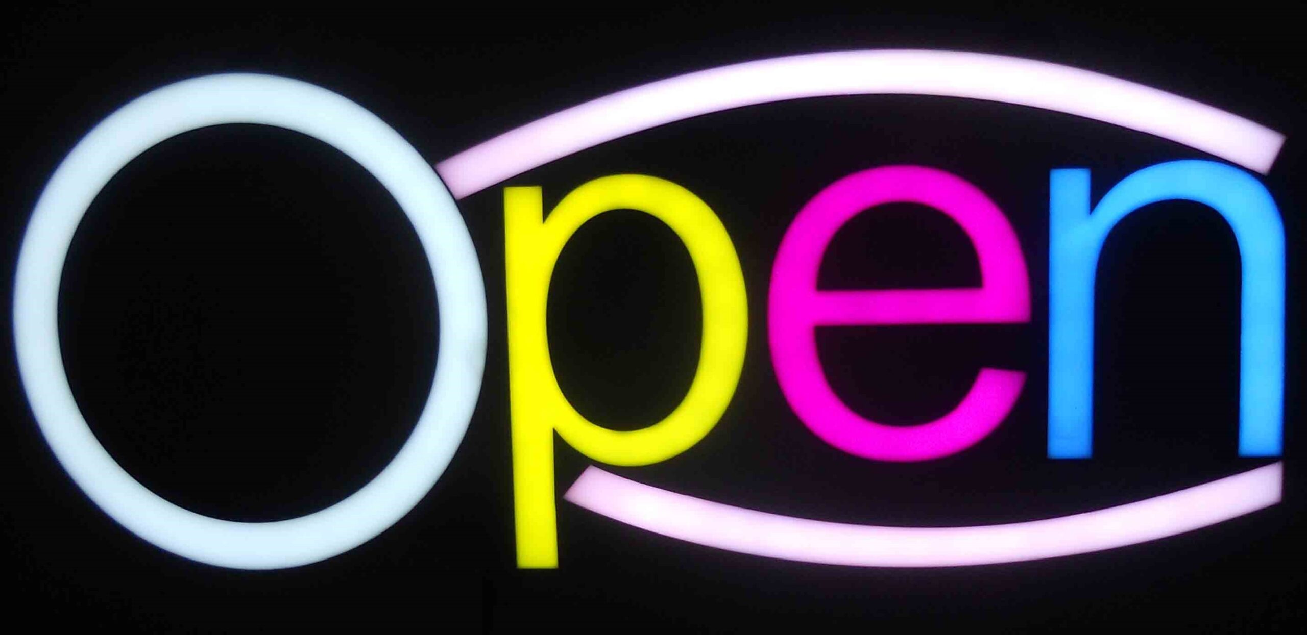 OPEN NEON LED Sign - colour white, yellow, pink, blue - white colour curves - neon3