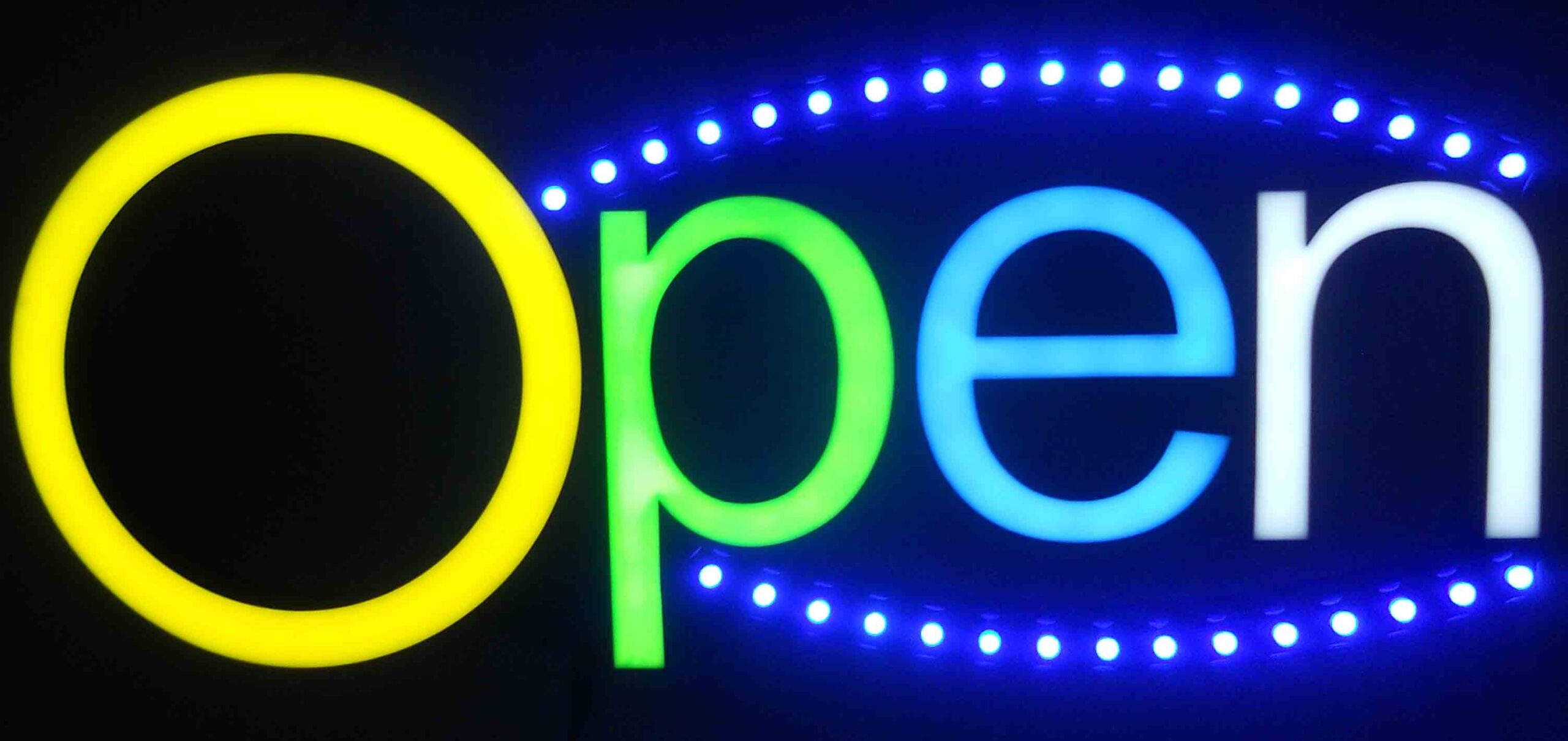 OPEN NEON LED Sign - colour yellow, green, blue, white - LED chasing curves - neon4