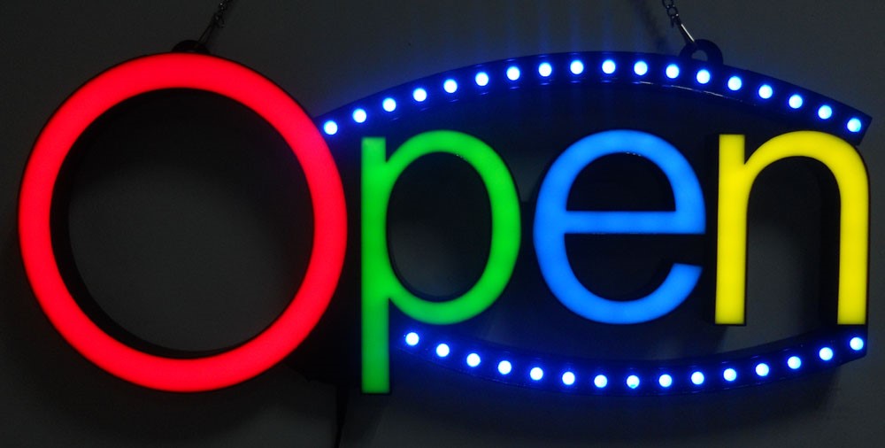 OPEN NEON LED Sign - colour white,yellow,pink,blue - LED chasing curves - neon5