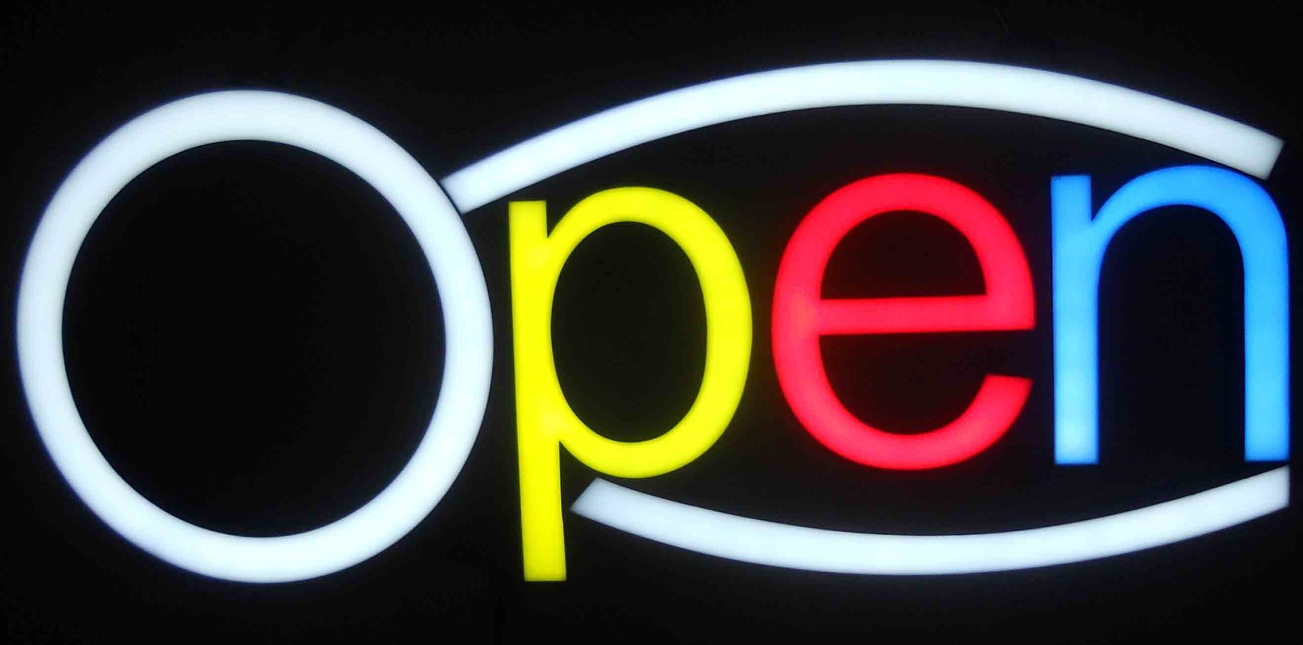 OPEN NEON LED Sign - colour white,yellow,red,blue - white colour curves - neon7