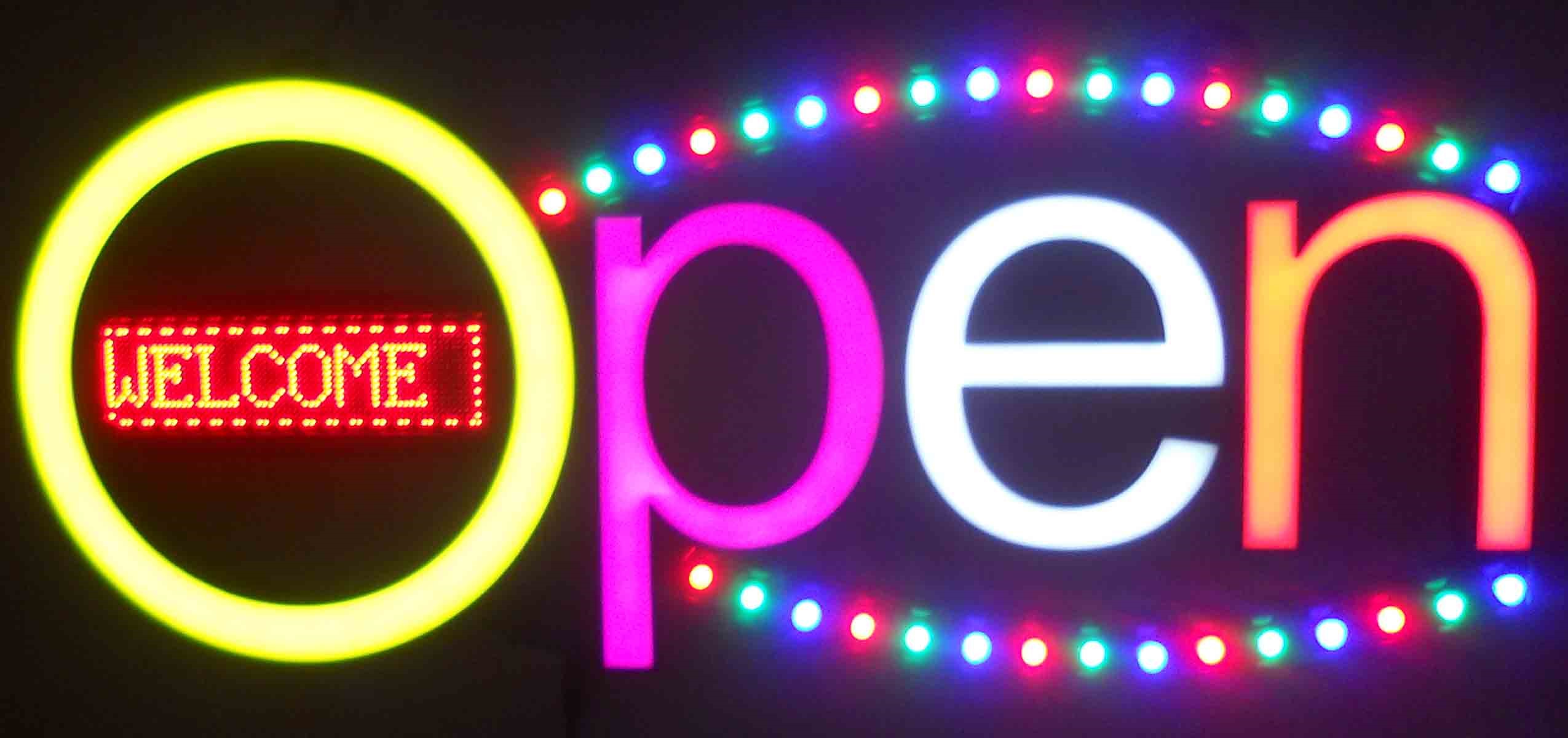 OPEN NEON LED Sign - colour yellow,pink,white,red - Multicolour LED chasing curves - neon11